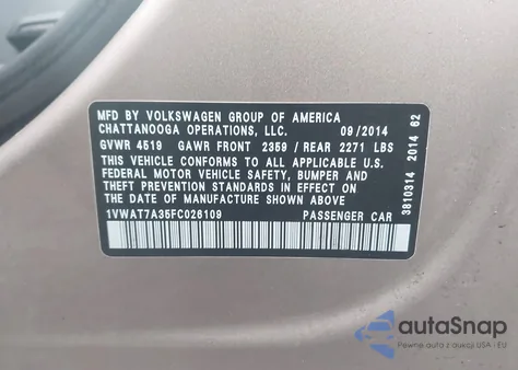 2015 Volkswagen Passat 1.8T Wolfsburg Edition from USA, damaged, VIN 1VWAT7A35FC026109